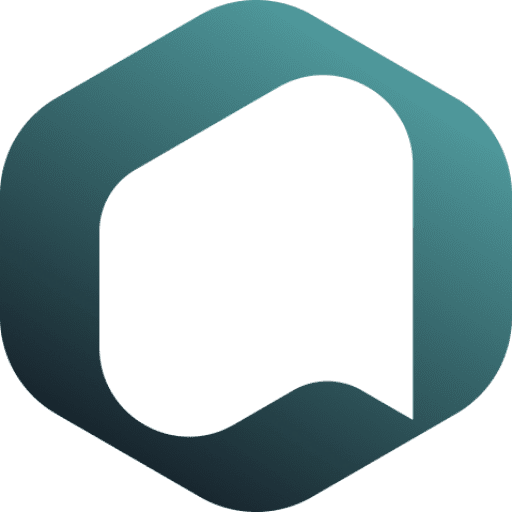 Abstract teal gradient geometric logo with a curved, closed loop design on a black background.