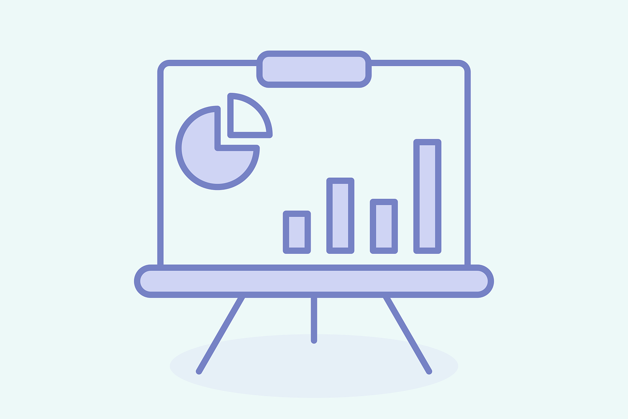 An icon of a presentation board displaying a pie chart and a bar graph.