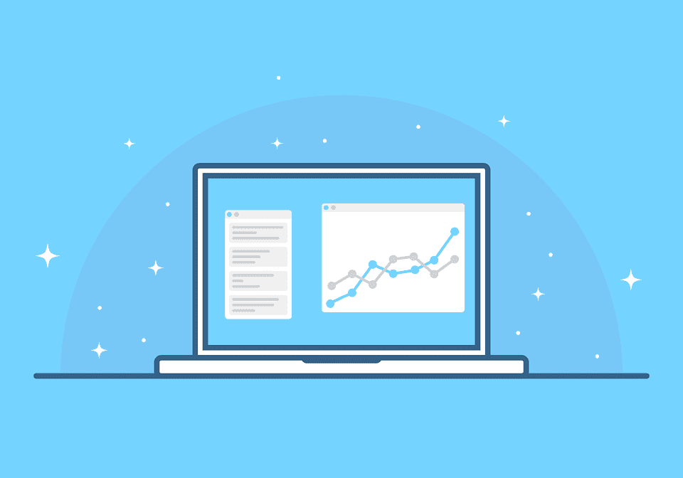 Illustration of a laptop showing a text document and a line graph on its screen, set against a light blue background with stars.