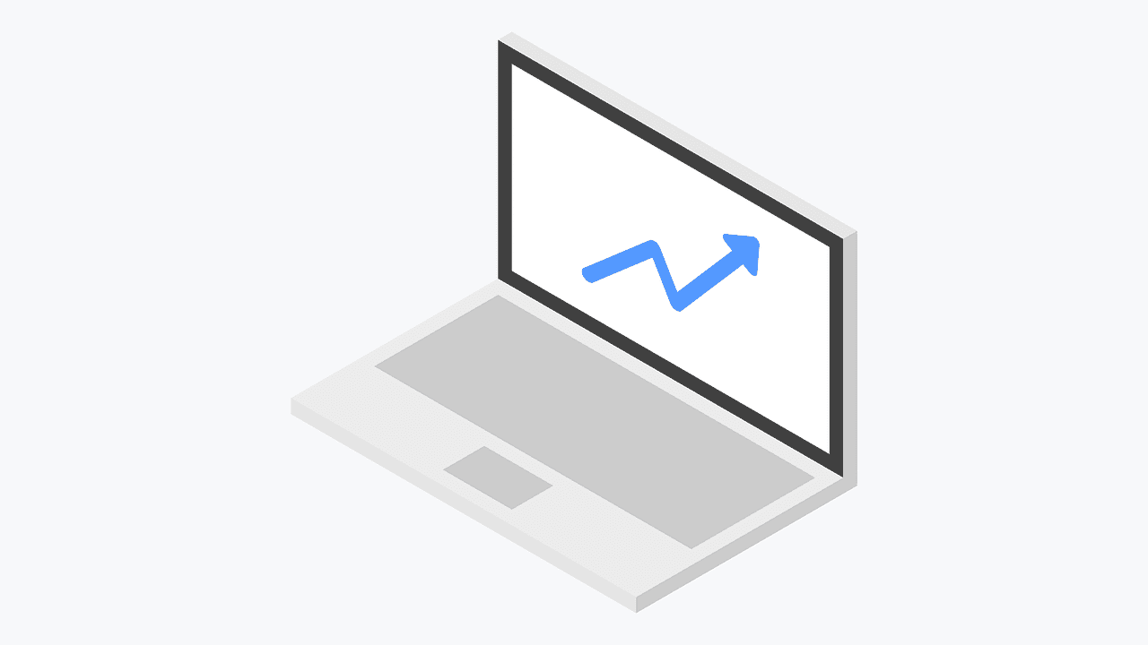 Isometric laptop with a blue upward trend arrow on its screen.