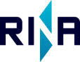 RINA logo with dark blue R and A, and a light blue stylized lightning bolt or split diamond shape in the center.