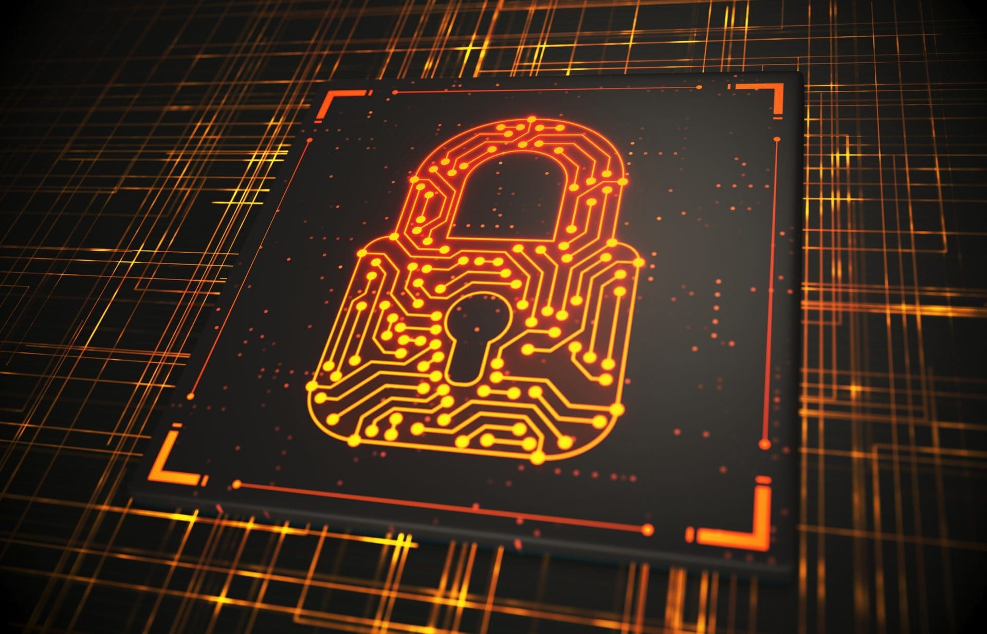 A glowing orange circuit board padlock icon on a dark digital background with grid lines, symbolizing cybersecurity.
