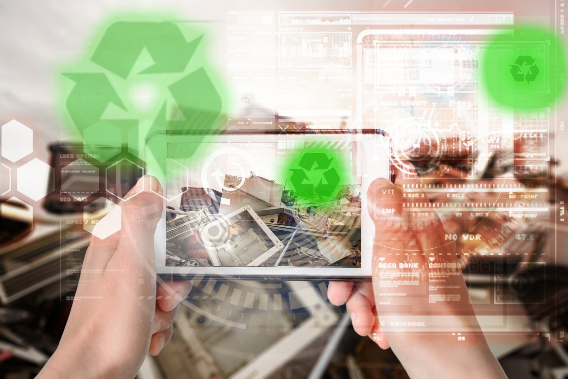 Hands hold a smartphone showing electronic waste with a green recycling symbol, overlaid with digital data and hexagonal patterns.