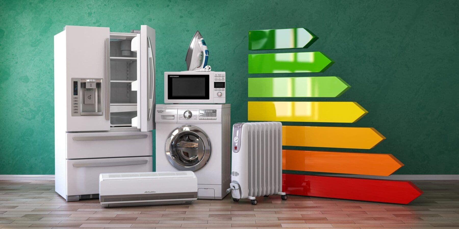 Household appliances including a refrigerator, washing machine, microwave, iron, air conditioner, and heater, next to a colorful energy efficiency rating scale on a green wall.