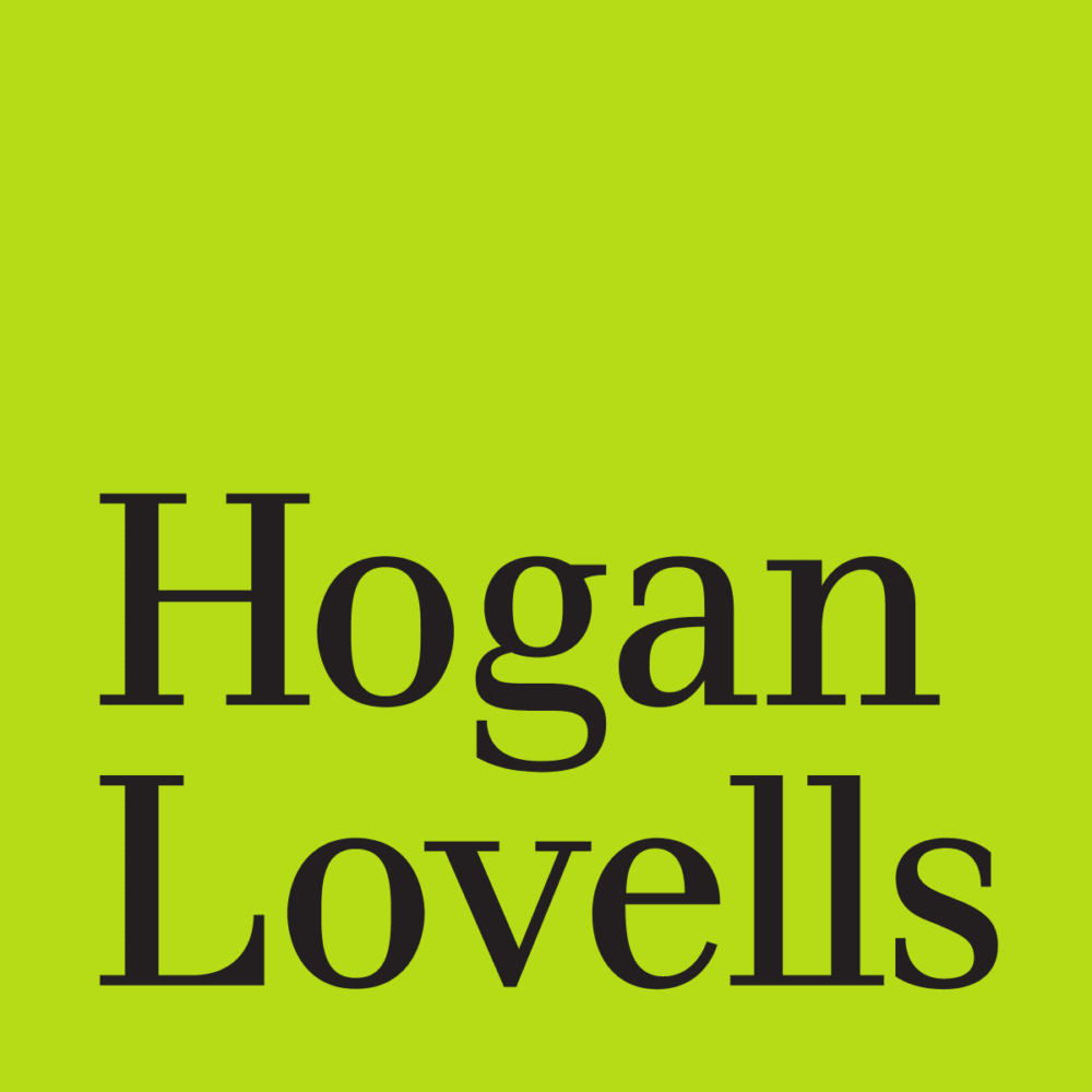 Hogan Lovells logo: black serif text on a bright lime green background.
