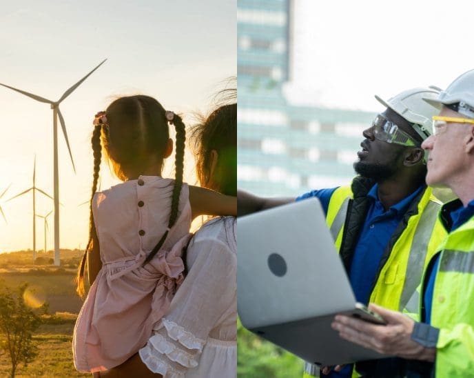 A split image. Left: A child held by an adult looks at wind turbines at sunset. Right: Two engineers in hard hats and vests look up, one holding a laptop.