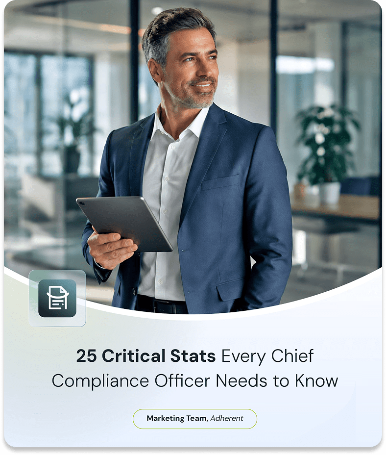 A smiling man in a suit holding a tablet in an office, with text overlay: '25 Critical Stats Every Chief Compliance Officer Needs to Know' and 'Marketing Team, Adherent'.