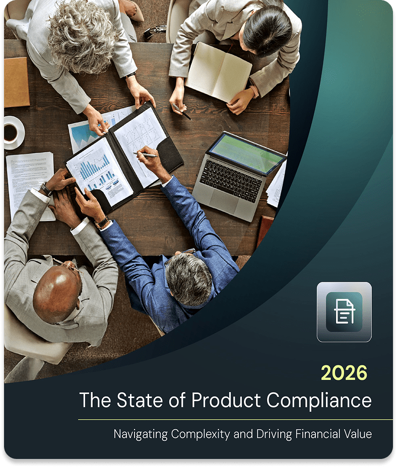 Overhead view of four professionals at a table with documents, a laptop, and a notebook. Text overlay reads 'The State of Product Compliance 2026'.