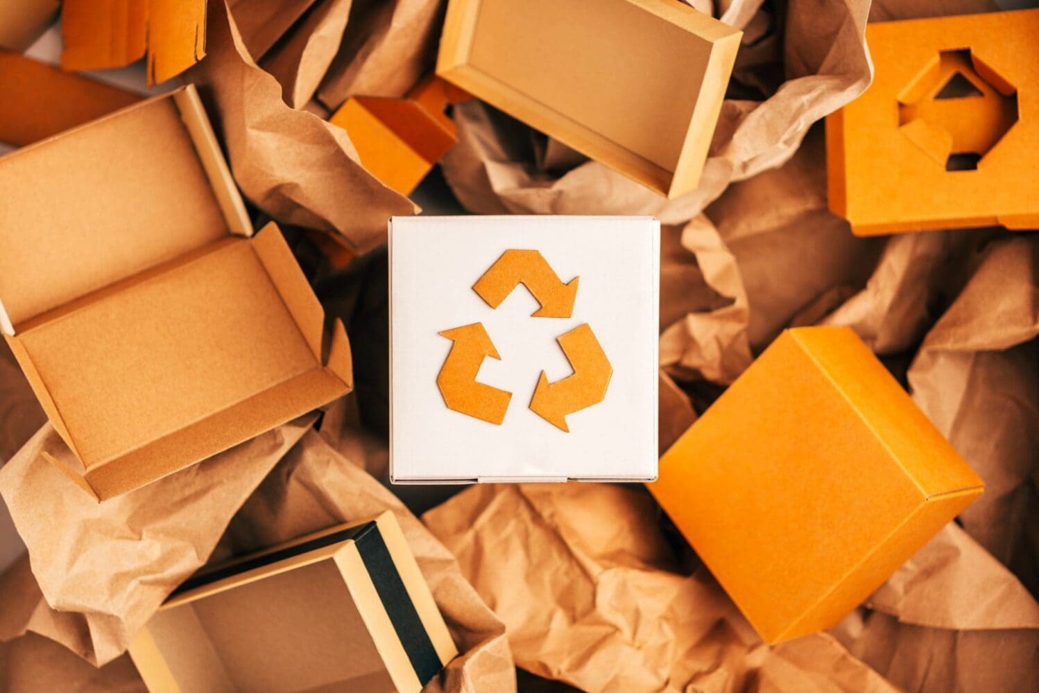 Overhead view of various brown and orange cardboard boxes and crumpled packing paper, with a white box in the center displaying an orange recycling symbol.