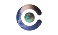 A stylized letter 'C' formed by two concentric C-shapes, revealing a human eye and part of a face with a gradient of warm and cool colors against a black background.