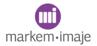 Markem-Imaje logo on a dark green background. The logo features a purple circle with a white abstract 'mi' design, above the dark gray text 'markem • imaje' with a purple dot.