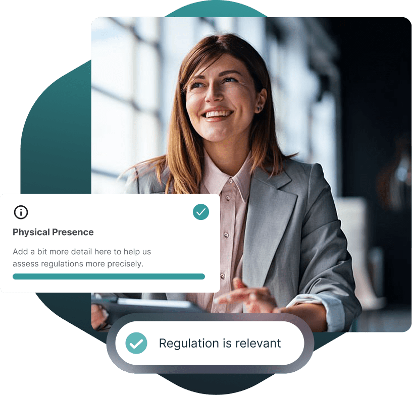 A smiling woman in a grey blazer looks up and to the right. Overlaid UI elements show 'Physical Presence' with a progress bar and 'Regulation is relevant' with checkmarks, suggesting a digital compliance or assessment tool.