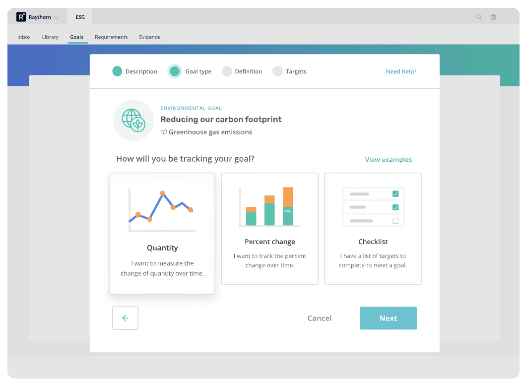 A screenshot of the Raythorn ESG software showing the goal creation interface. The environmental goal 'Reducing our carbon footprint' is displayed. Users can select how to track the goal: Quantity (line graph), Percent change (bar chart), or Checklist. The 'Quantity' option is currently selected.