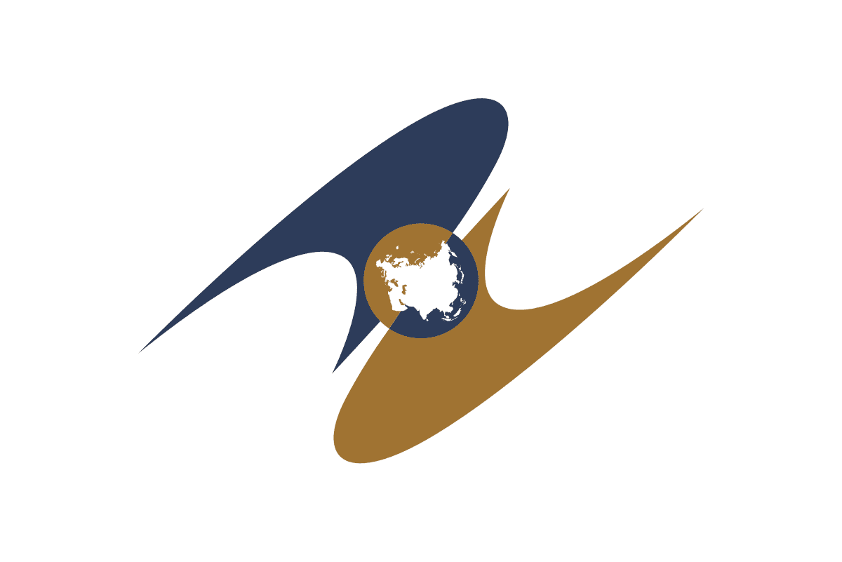Logo with a dark blue circle showing a white map of Asia, flanked by curved blue and golden-brown shapes on a white background.