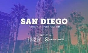 Promotional graphic for a San Diego event, showing a cityscape with palm trees, event dates February 12-13, 2019, and sponsors Ropes & Gray and Compliance & Risks.