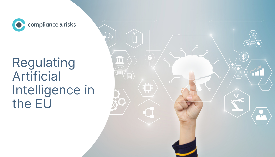 A hand points to a glowing brain icon amidst a network of technology and business icons. Text reads 'Regulating Artificial Intelligence in the EU' with the 'compliance & risks' logo.
