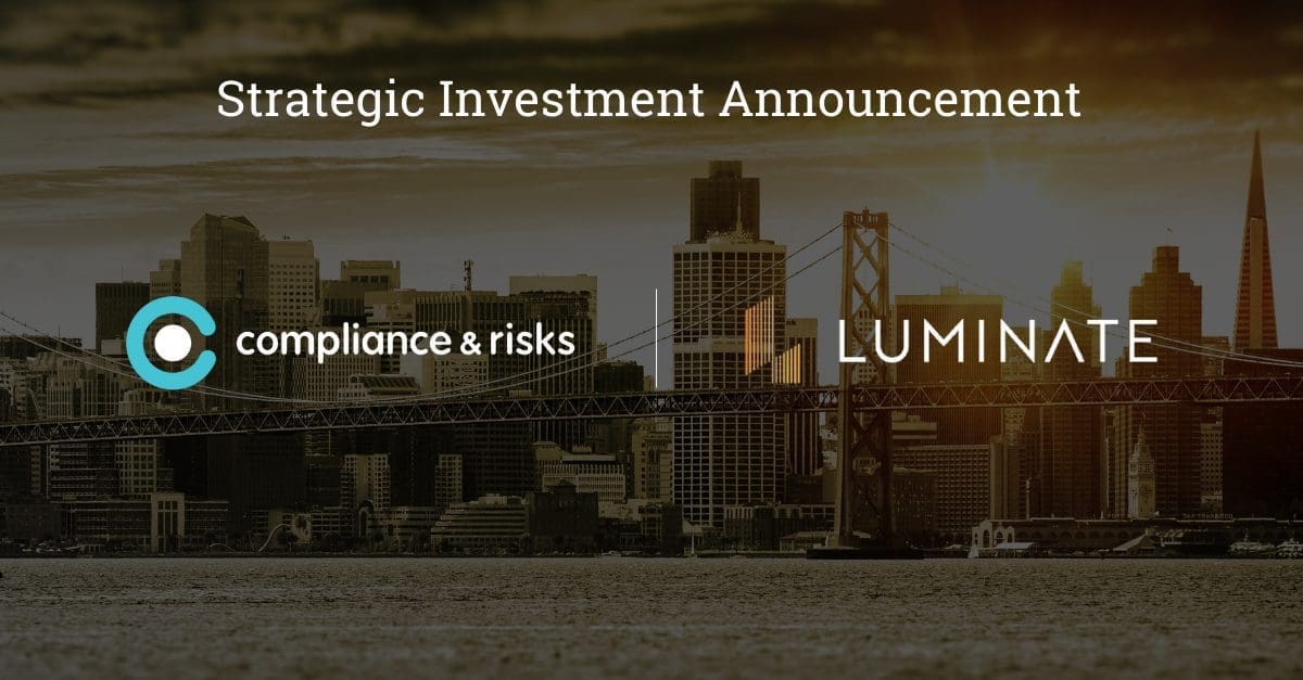 Text 'Strategic Investment Announcement' above logos for 'compliance & risks' and 'LUMINATE' over a dark cityscape with a bridge and water.