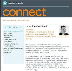 A digital newsletter titled 'connect' from 'compliance & risks,' dated September 2010, with a table of contents and a letter from CEO Joe Skulski.