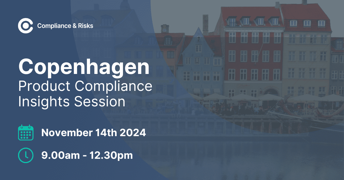 Adherent (formerly Compliance & Risks). Promotional graphic for 'Copenhagen Product Compliance Insights Session' by Compliance & Risks. The event is on November 14th, 2024, from 9:00 AM to 12:30 PM, set against a blurred background of colorful buildings in Copenhagen.
