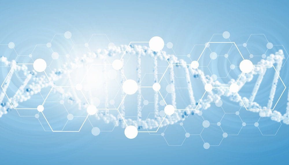 A light blue background with a glowing, blurred DNA double helix overlaid with white hexagonal and circular molecular patterns.