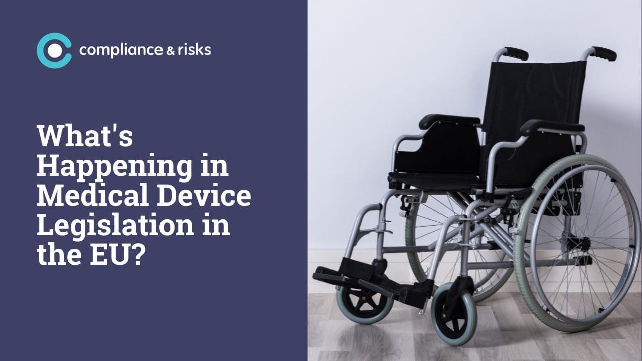 A dark blue background with text 'What's Happening in Medical Device Legislation in the EU?' next to a silver and black wheelchair against a light gray wall.