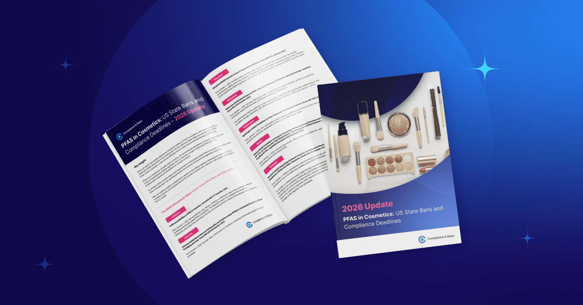 An open report and its cover titled 'PFAS in Cosmetics: US State Bans and Compliance Deadlines - 2026 Update' from Compliance & Risks, with cosmetic products on the cover.