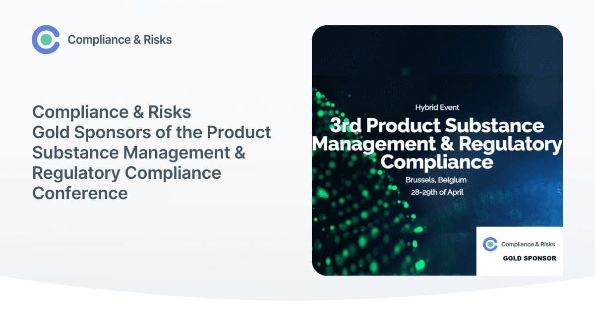 Promotional graphic for Compliance & Risks sponsoring the 3rd Product Substance Management & Regulatory Compliance Conference in Brussels, Belgium, April 28-29th.