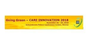 Banner for Going Green – CARE INNOVATION 2018, with dates November 26-29, 2018, and location Schoenbrunn Palace Conference Centre, Vienna.