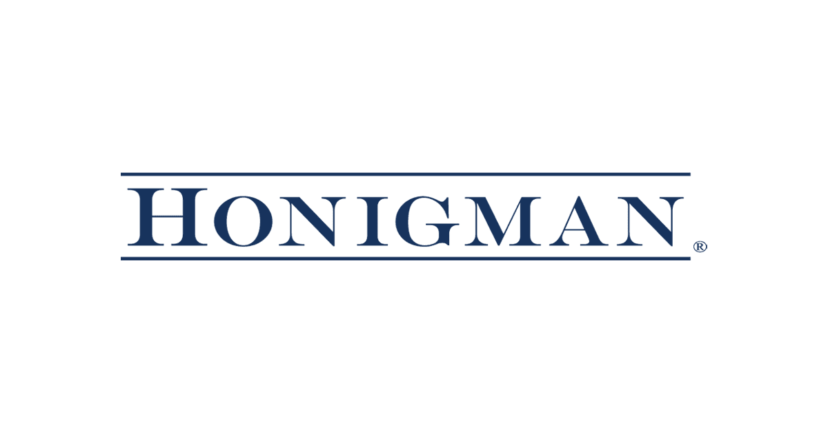 Honigman logo in dark blue serif text with lines above and below, and a registered trademark symbol.