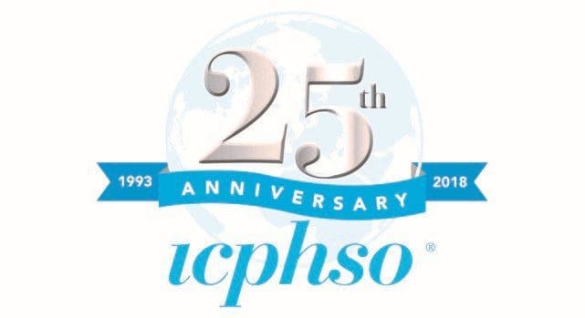 Logo for ICPHSO's 25th Anniversary, showing '25th ANNIVERSARY' on a blue ribbon with years '1993' and '2018', against a light blue globe background.