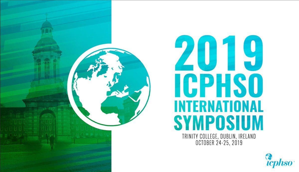 Promotional graphic for the 2019 ICPHSO International Symposium, held at Trinity College, Dublin, Ireland, October 24-25, 2019. Features a stylized image of Trinity College and a globe icon.