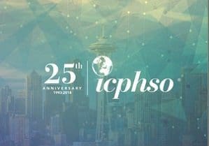Logo for icphso's 25th Anniversary (1993-2018) with a globe icon, set against a blurred blue and green cityscape including the Seattle Space Needle.