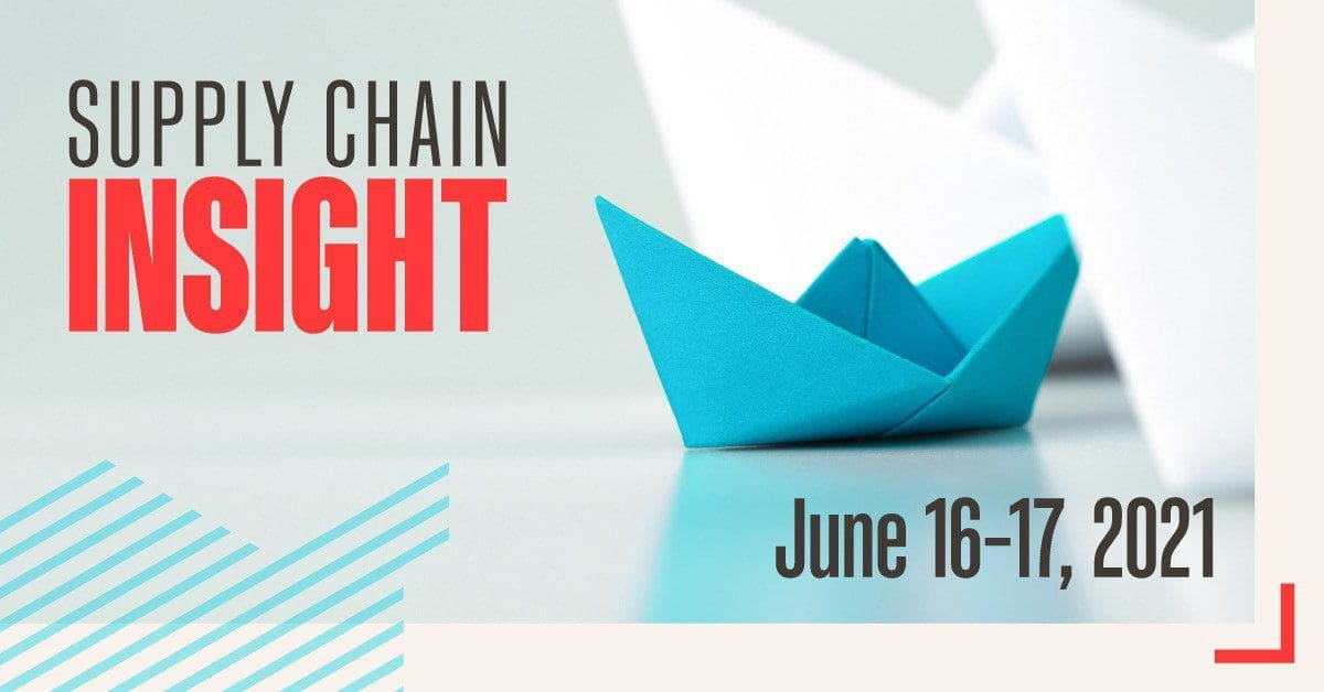 Promotional graphic for Supply Chain Insight, featuring a blue origami boat and the date June 16-17, 2021.