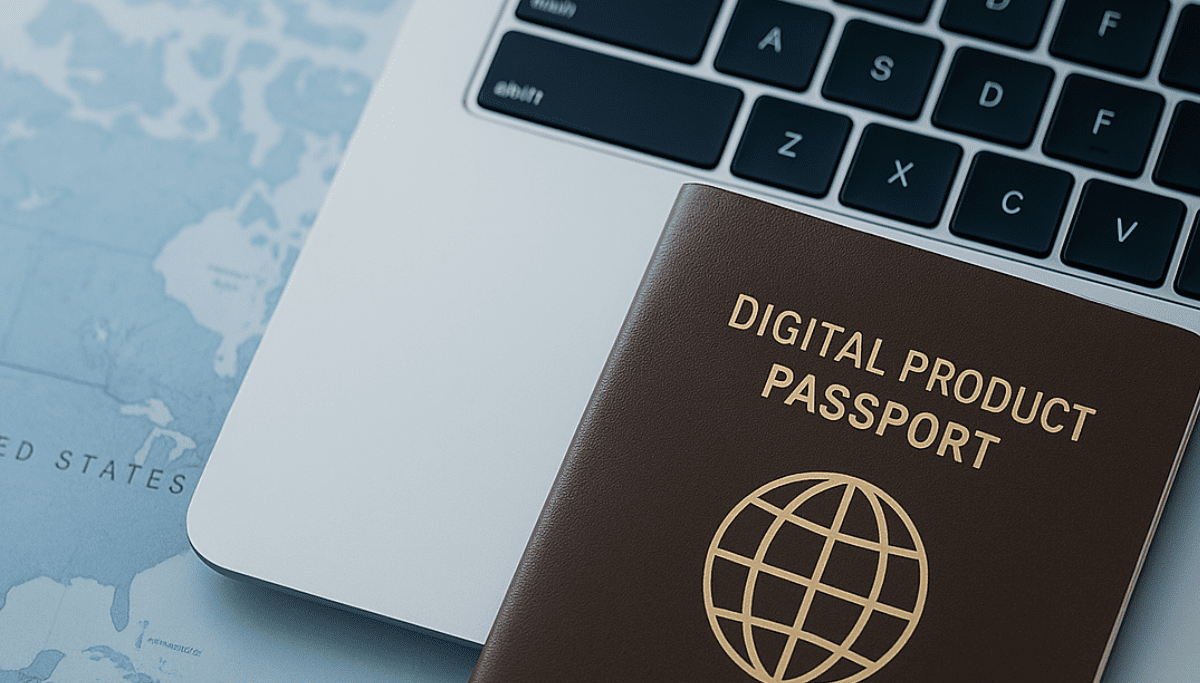 A brown booklet labeled 'Digital Product Passport' with a globe icon, resting on a laptop keyboard and a world map.