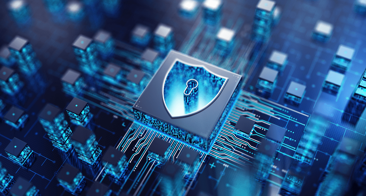 A close-up of a microchip with a glowing blue shield and keyhole icon, set on a dark blue circuit board with bright blue illuminated circuitry, representing digital security.