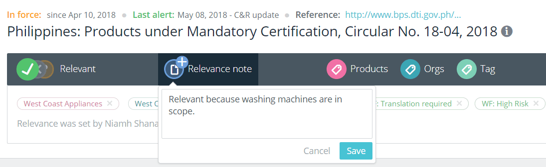 Screenshot of a software interface showing a relevance note being edited for a document titled 'Philippines: Products under Mandatory Certification'. The note states 'Relevant because washing machines are in scope.'