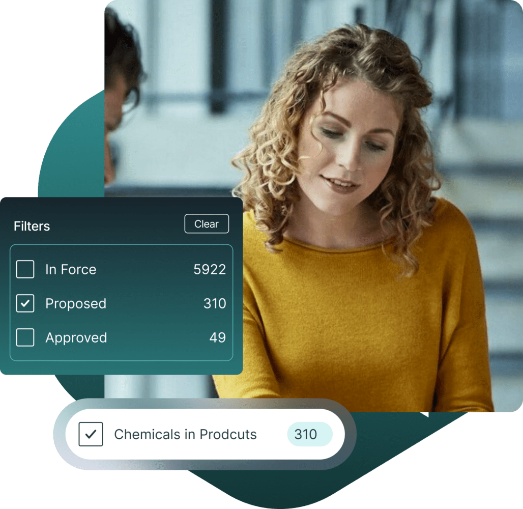 A woman with curly blonde hair in a yellow top looks at a screen, overlaid with a 'Filters' box showing 'Proposed' items (310) checked, and a 'Chemicals in Prodcuts' tag also showing 310.