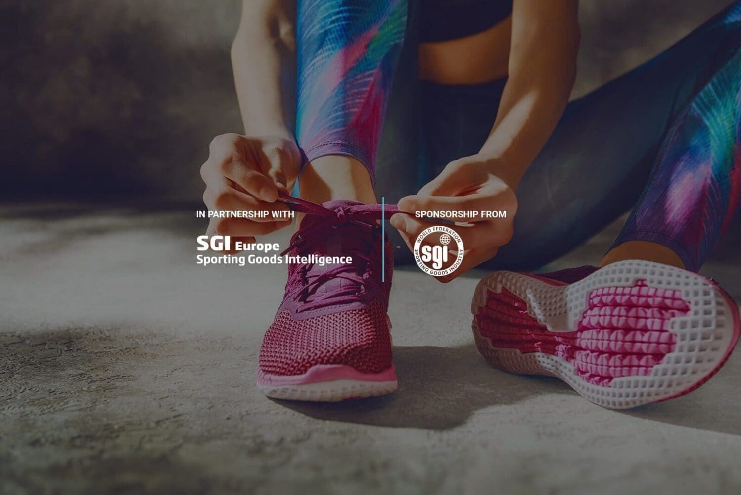 A person tying the laces of a pink athletic shoe on a concrete floor. Overlaid text reads 'IN PARTNERSHIP WITH SGI Europe Sporting Goods Intelligence' and 'SPONSORSHIP FROM World Federation Sporting Goods Industry (sgi)'.