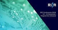 A graphic announcing the EEC Conference 2018, 14-15 November, with the programme released. It features the RIA logo and a circuit board design.