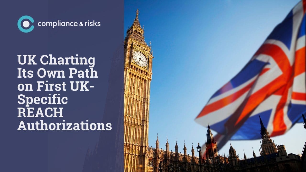 Big Ben and the Houses of Parliament under a blue sky with a waving Union Jack flag, alongside text about UK-specific REACH Authorizations.