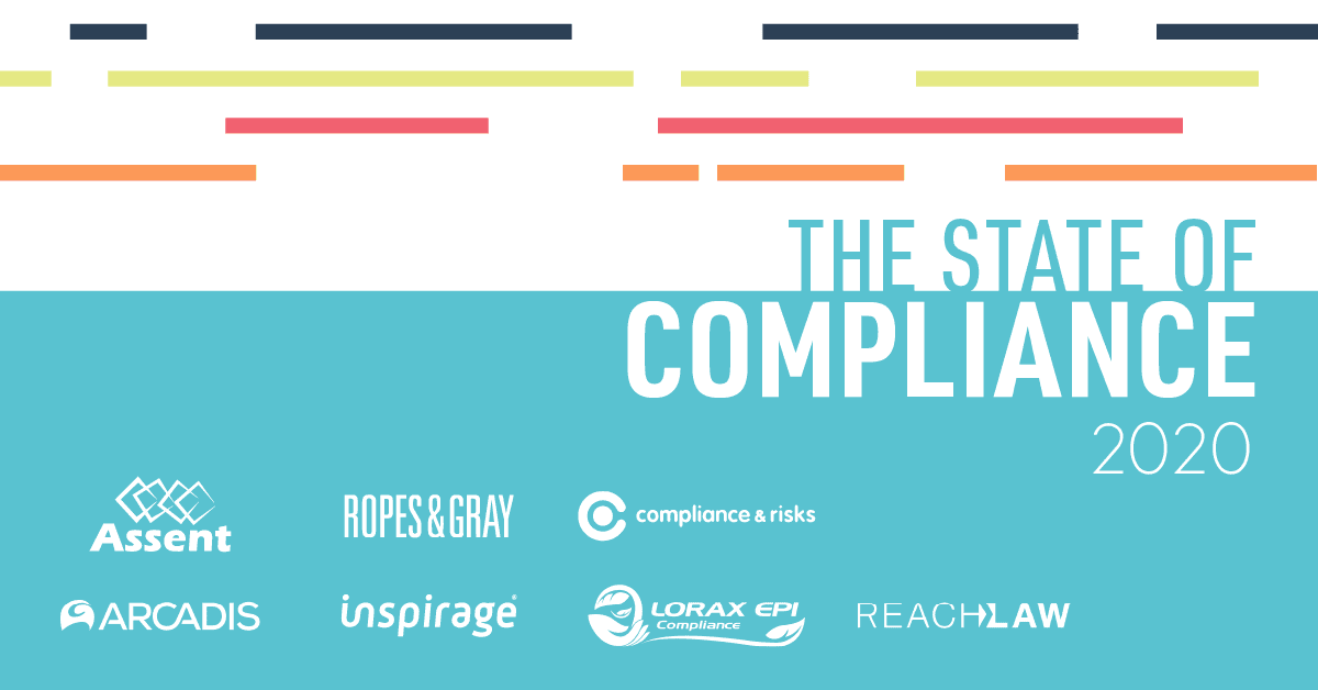 Graphic titled "The State of Compliance 2020" on a teal and white background with colored lines, featuring logos for Assent, Ropes & Gray, compliance & risks, Arcadis, Inspirage, Lorax EPI Compliance, and ReachLaw.