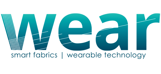 WEAR logo with 'smart fabrics | wearable technology' tagline. The letters are teal with white lines forming a woven pattern.