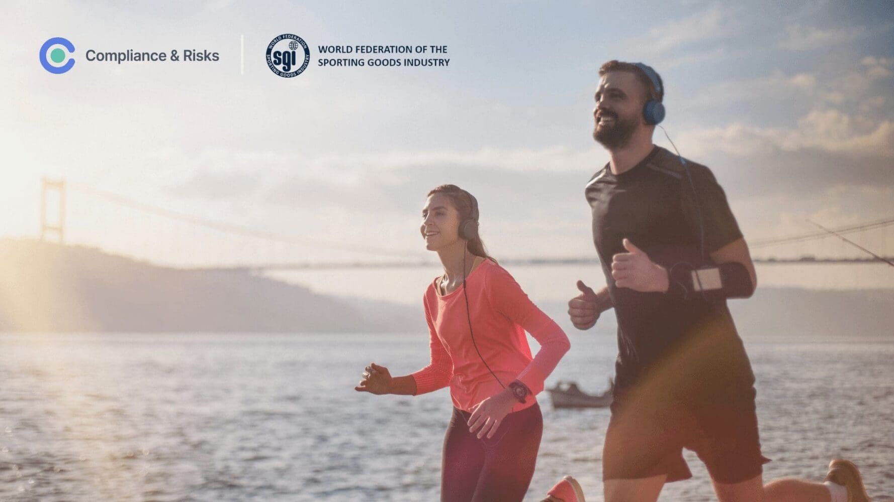 Two smiling runners, a man and a woman, jog along a waterfront with a bridge in the background, under logos for Compliance & Risks and World Federation of the Sporting Goods Industry.