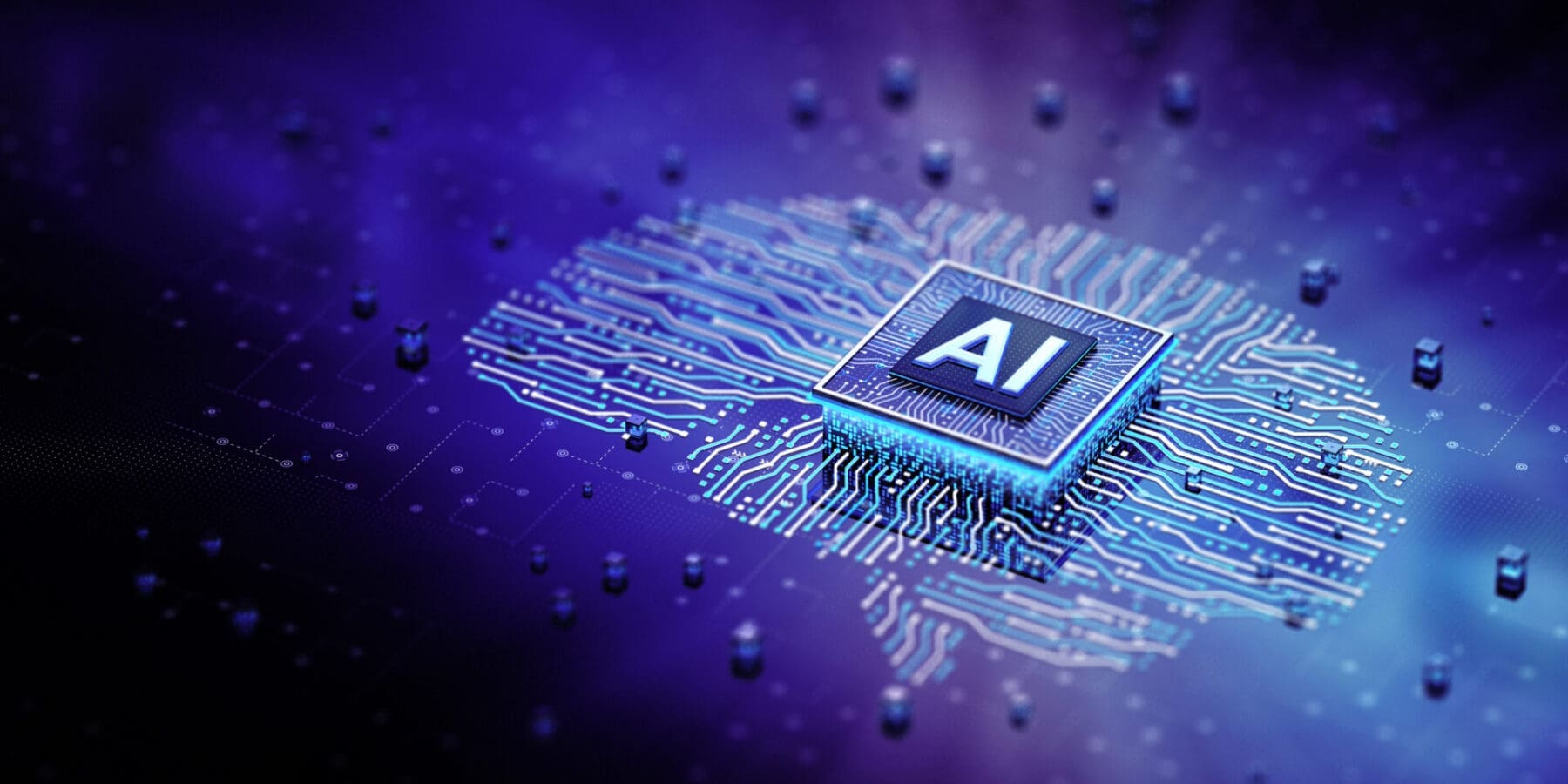 A glowing blue circuit board forms a brain shape with an "AI" chip at its center, on a dark blue background.