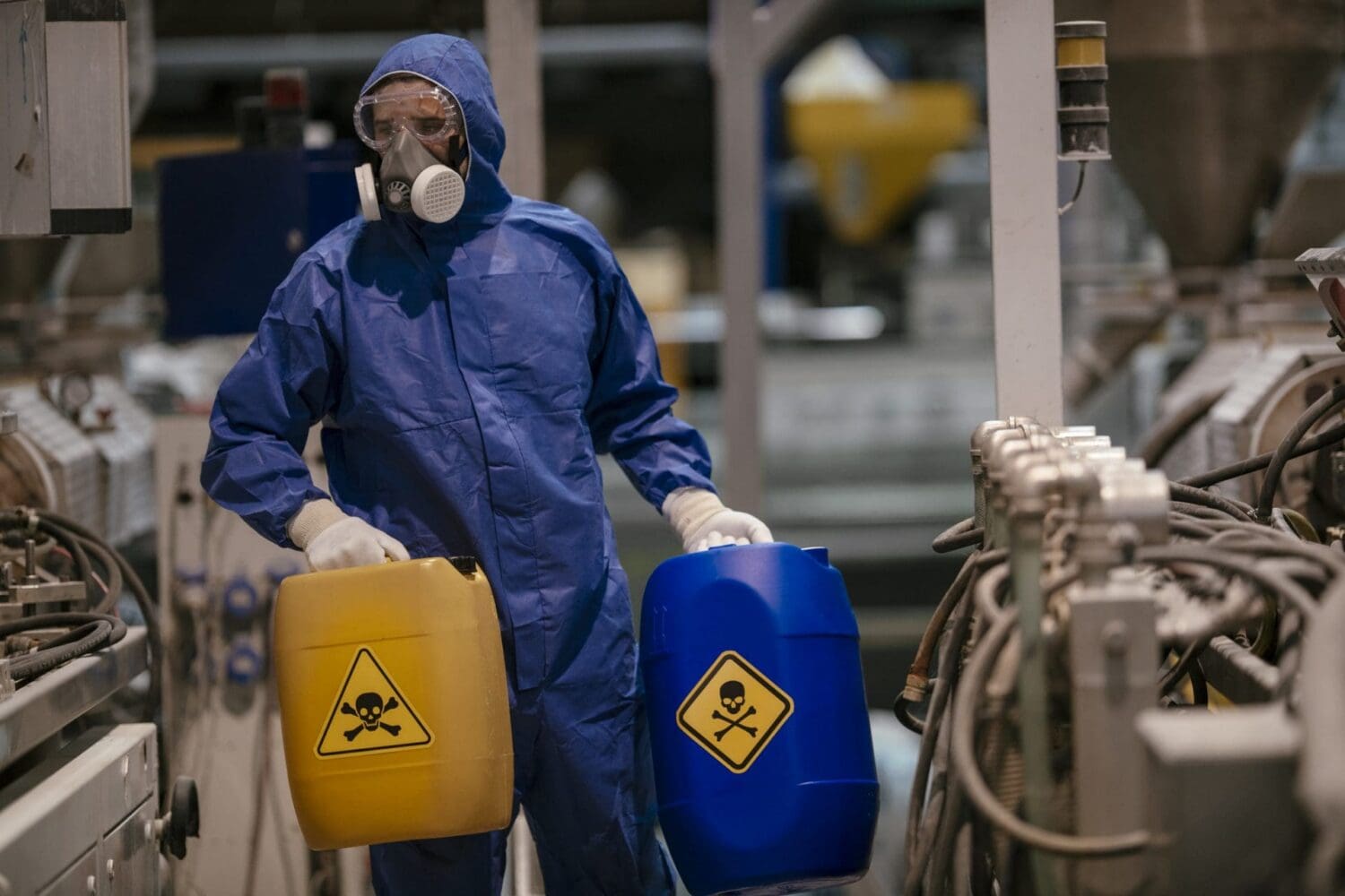A person in a blue hazmat suit, safety goggles, and a respirator mask holds a yellow and a blue container, both marked with skull and crossbones hazard symbols, in an industrial setting.