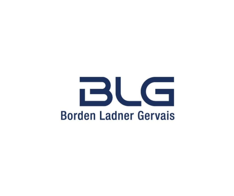 BLG Borden Ladner Gervais logo, featuring stylized dark blue letters 'BLG' above the words 'Borden Ladner Gervais' on a white background.