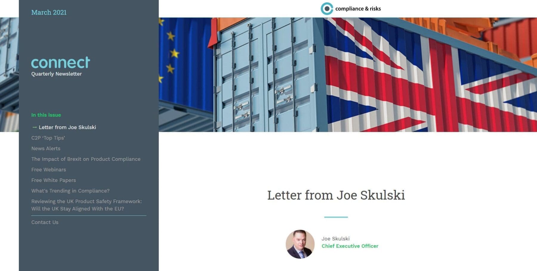 Screenshot of a newsletter cover showing shipping containers with EU and UK flags, titled 'connect Quarterly Newsletter' from March 2021, with a table of contents and a section for 'Letter from Joe Skulski'.