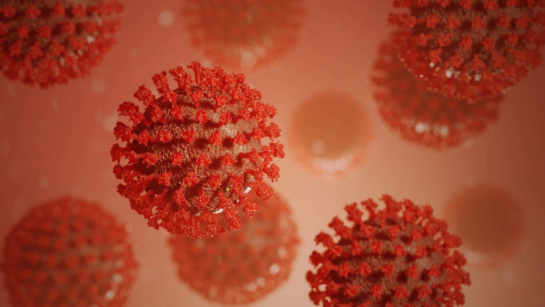 Microscopic illustration of multiple red, spherical virus particles with spiky protrusions against a reddish-orange background.