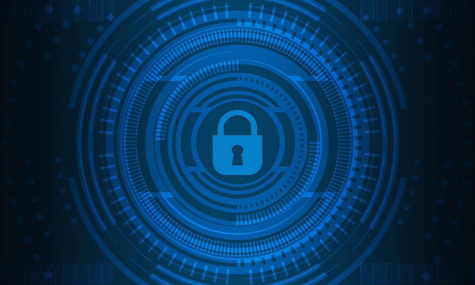 A light blue padlock icon centered within concentric blue digital rings on a dark blue background with abstract patterns.