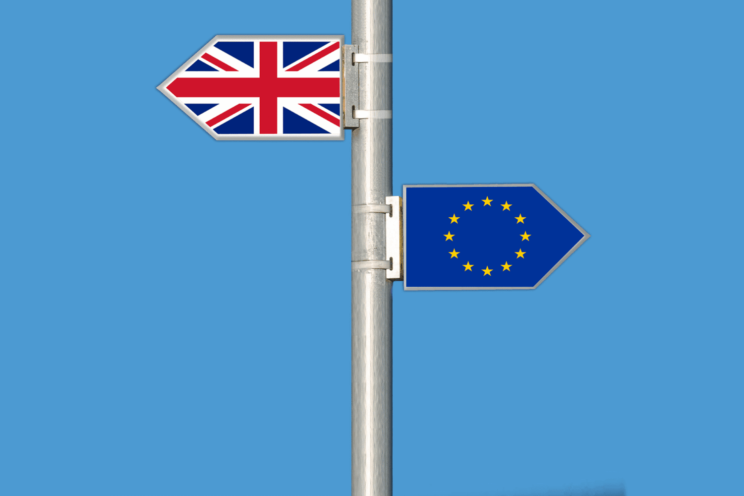 A metal pole with two arrow-shaped signs. The top sign points left and shows the UK flag. The bottom sign points right and shows the EU flag. The background is light blue.